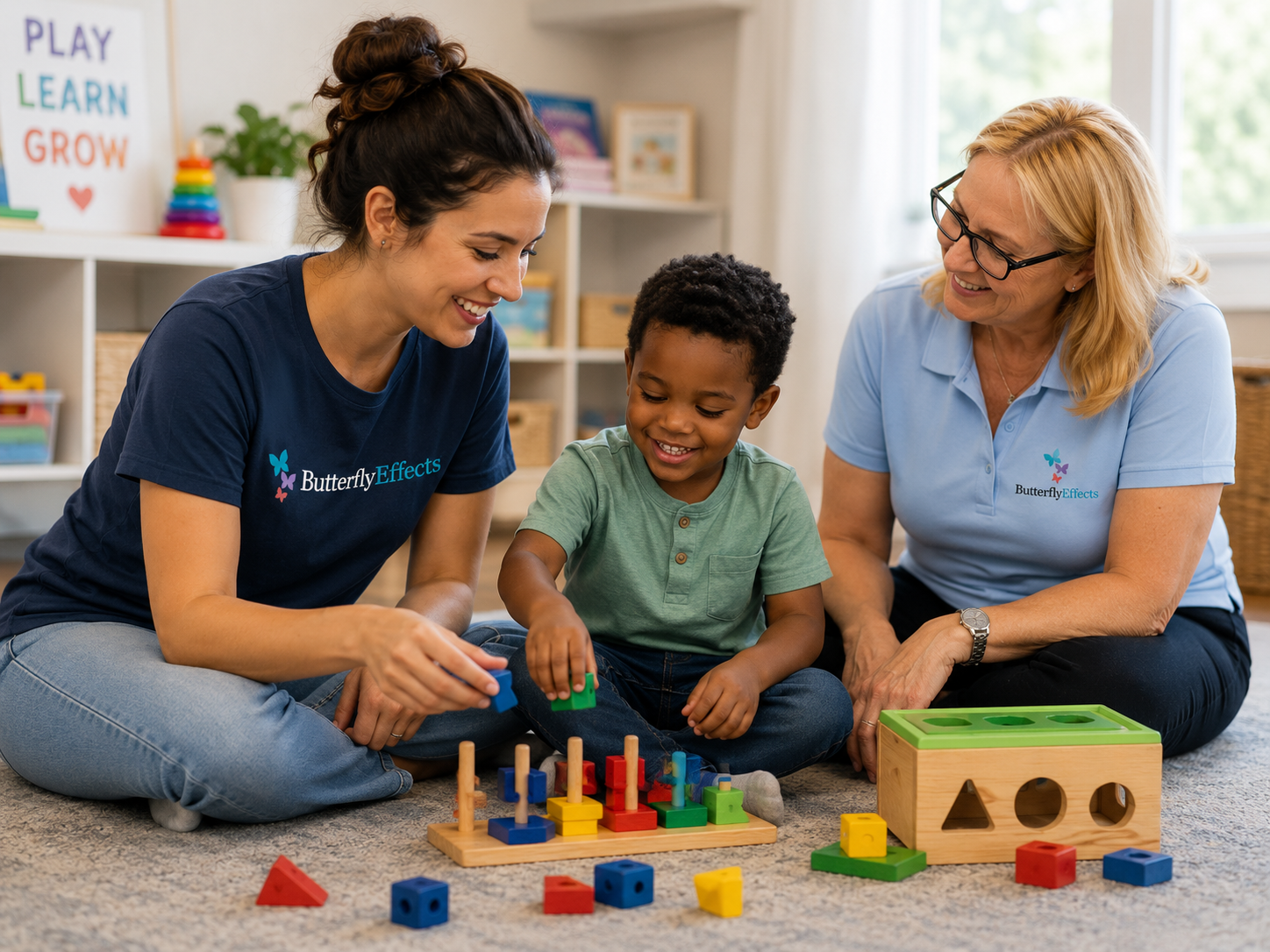Young RBT working on a puzzle with a happy young boy while a BCBA looks on and evaluates
