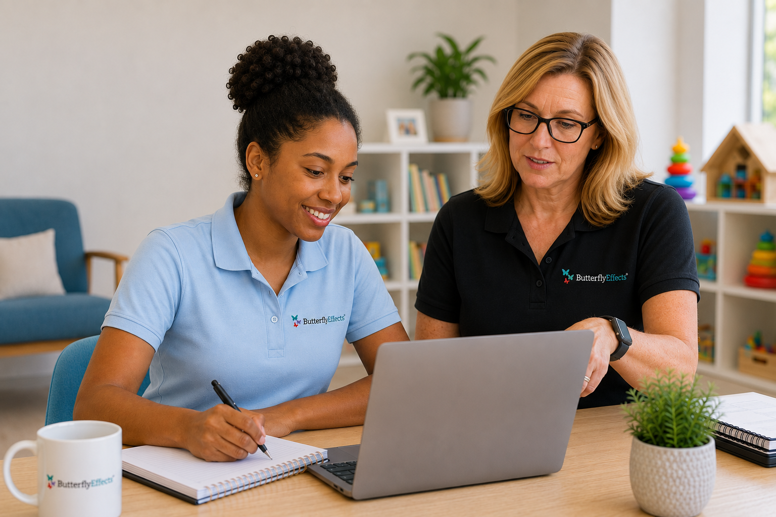 BCBA working with her BCBA mentor reviewing a client case over a laptop